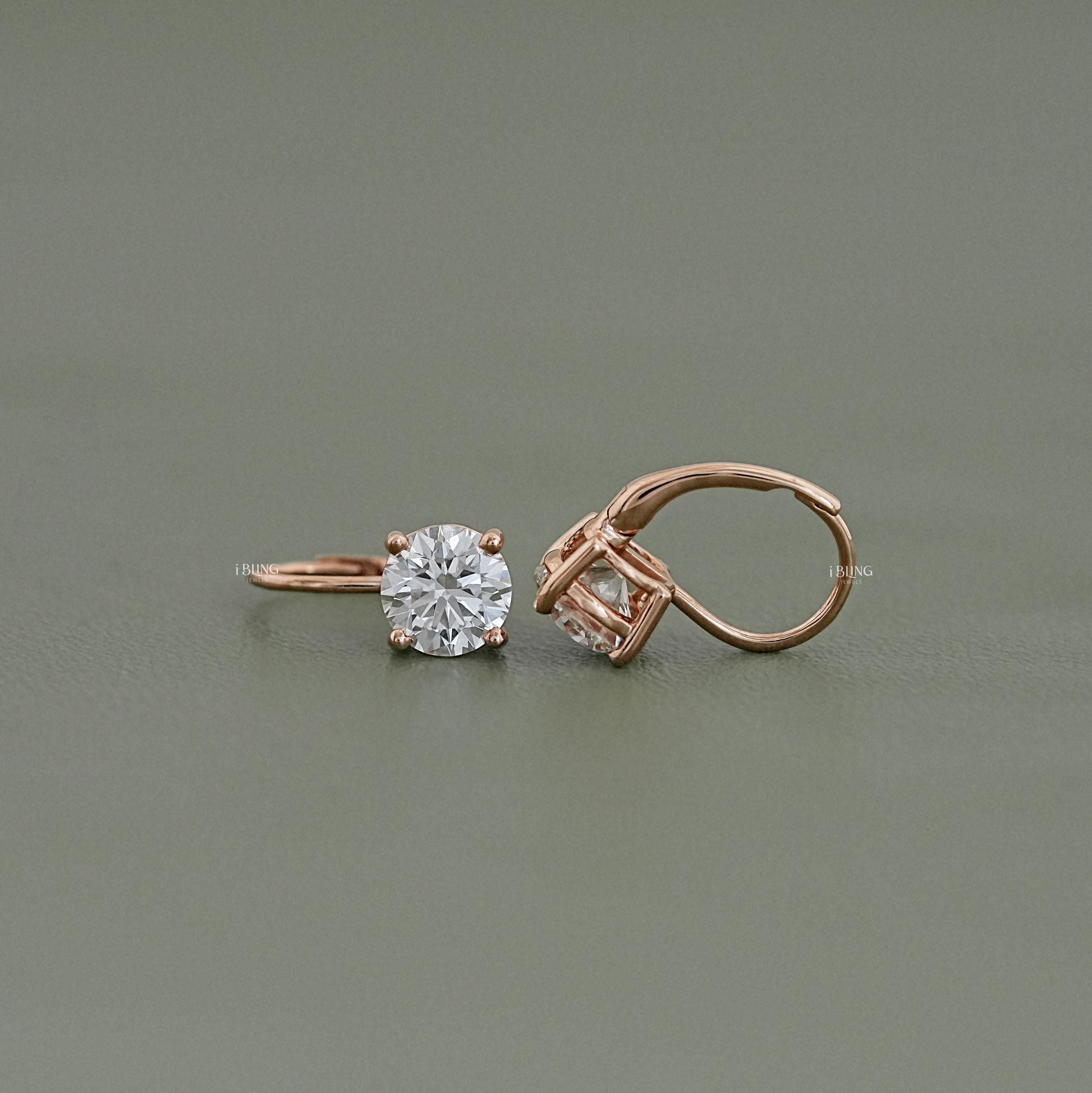 Round Cut Lab Diamond Drop Earrings in 14K Yellow Gold with Lever Backs