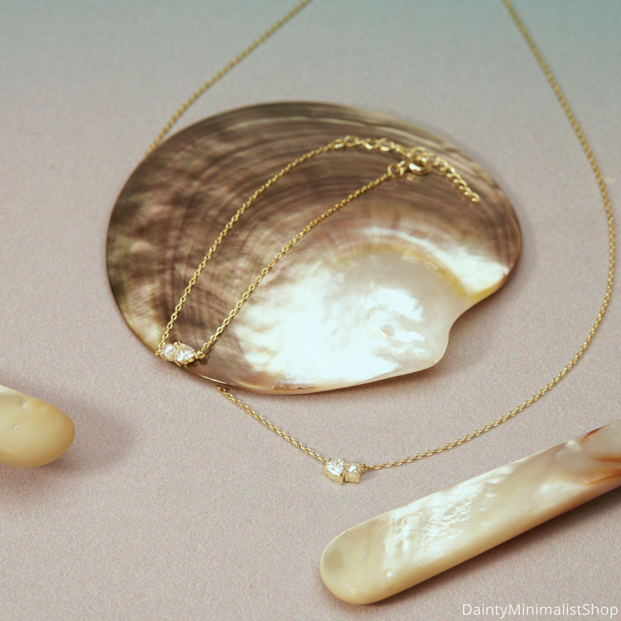 Dainty Pearl Necklace with Heart CZ Diamond in 14K Gold Plated Copper