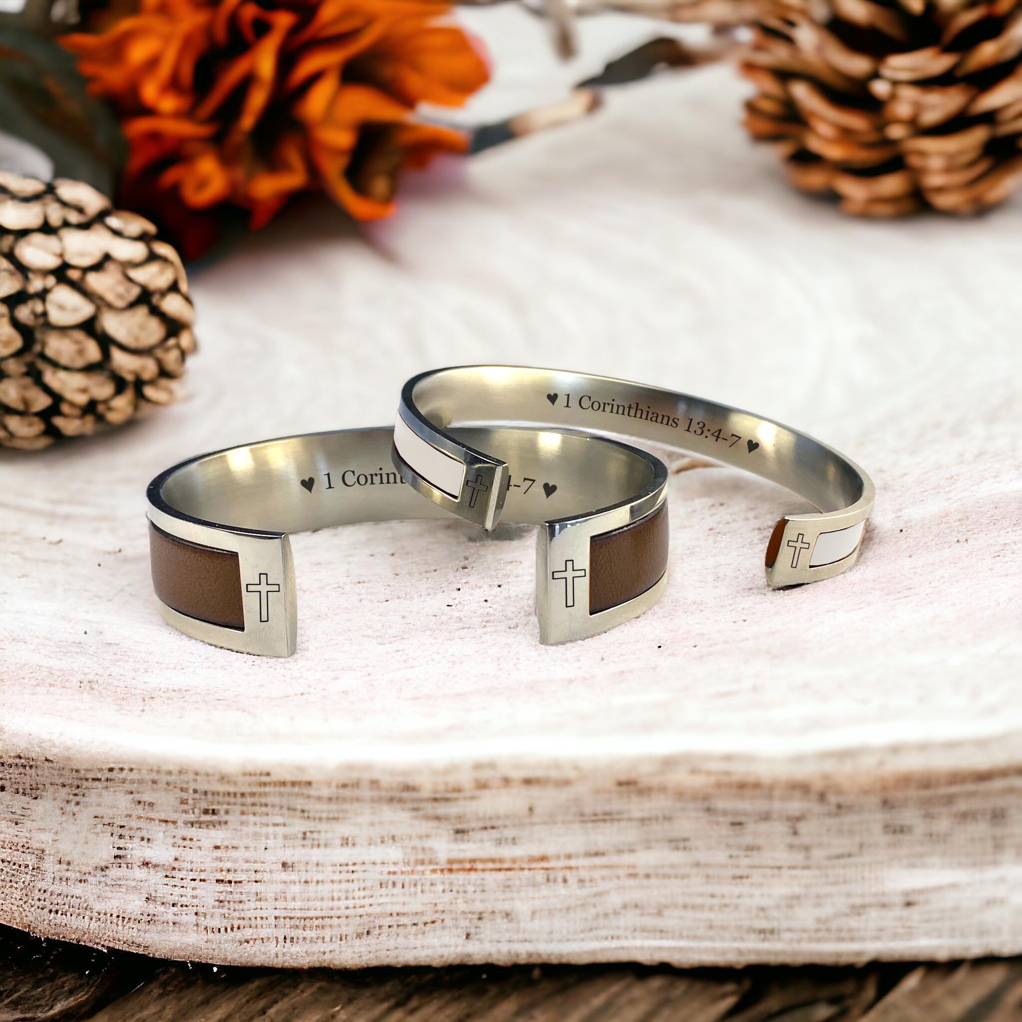 Custom Engraved Leather and Stainless Steel Couple Bracelet Set of 2