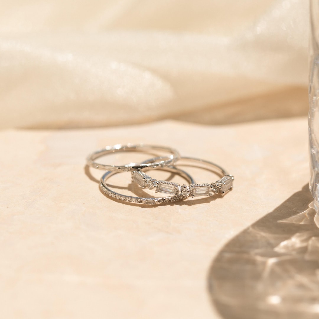Diamond CZ Ring Set of 3 Dainty Stacking Bands