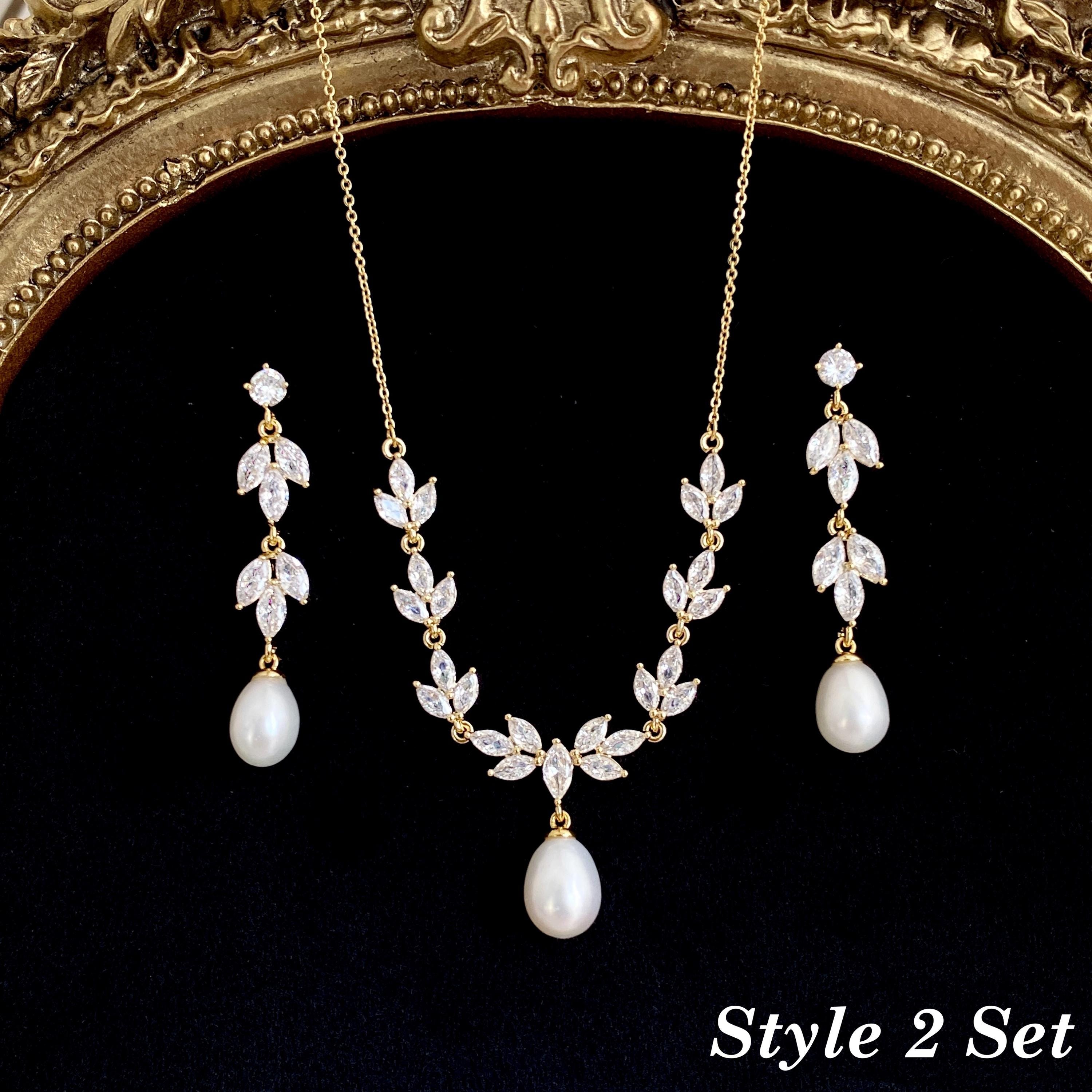 Gold Leaf and Freshwater Pearl Necklace with CZ Crystal Accent