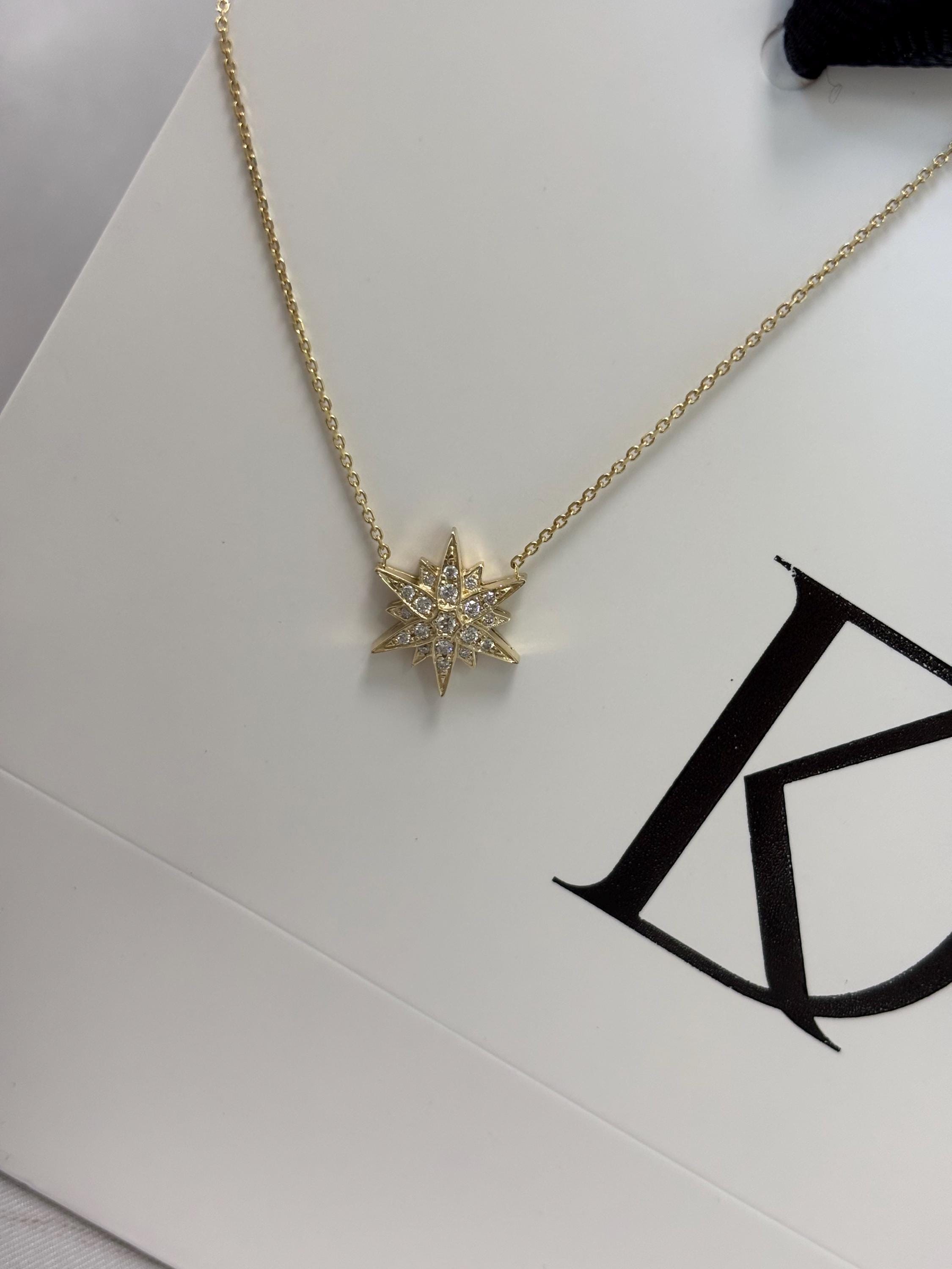14K Solid Gold Starburst Diamond Pendant Necklace