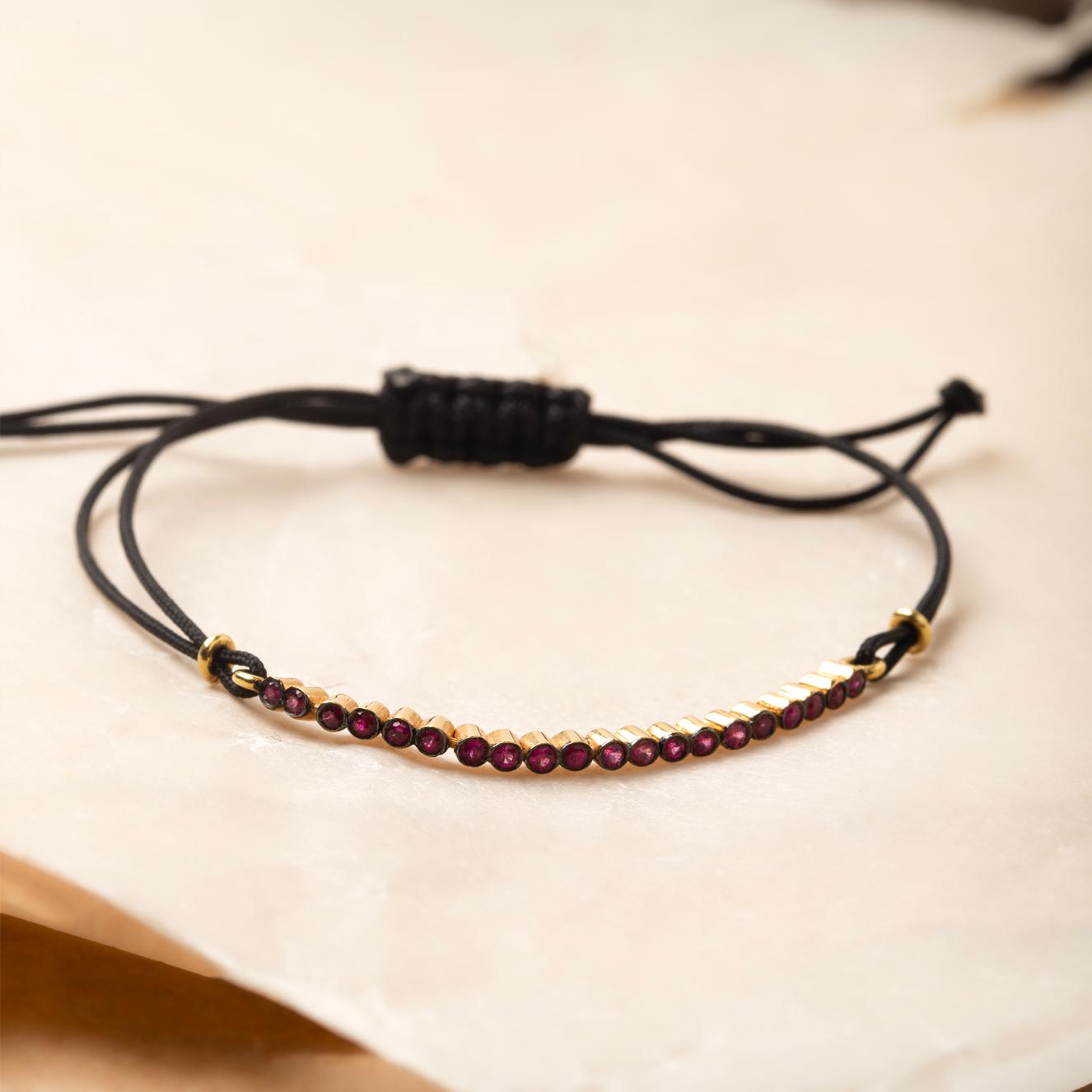 Handmade 18K Yellow Gold Ruby Bar Bracelet with Black Cord