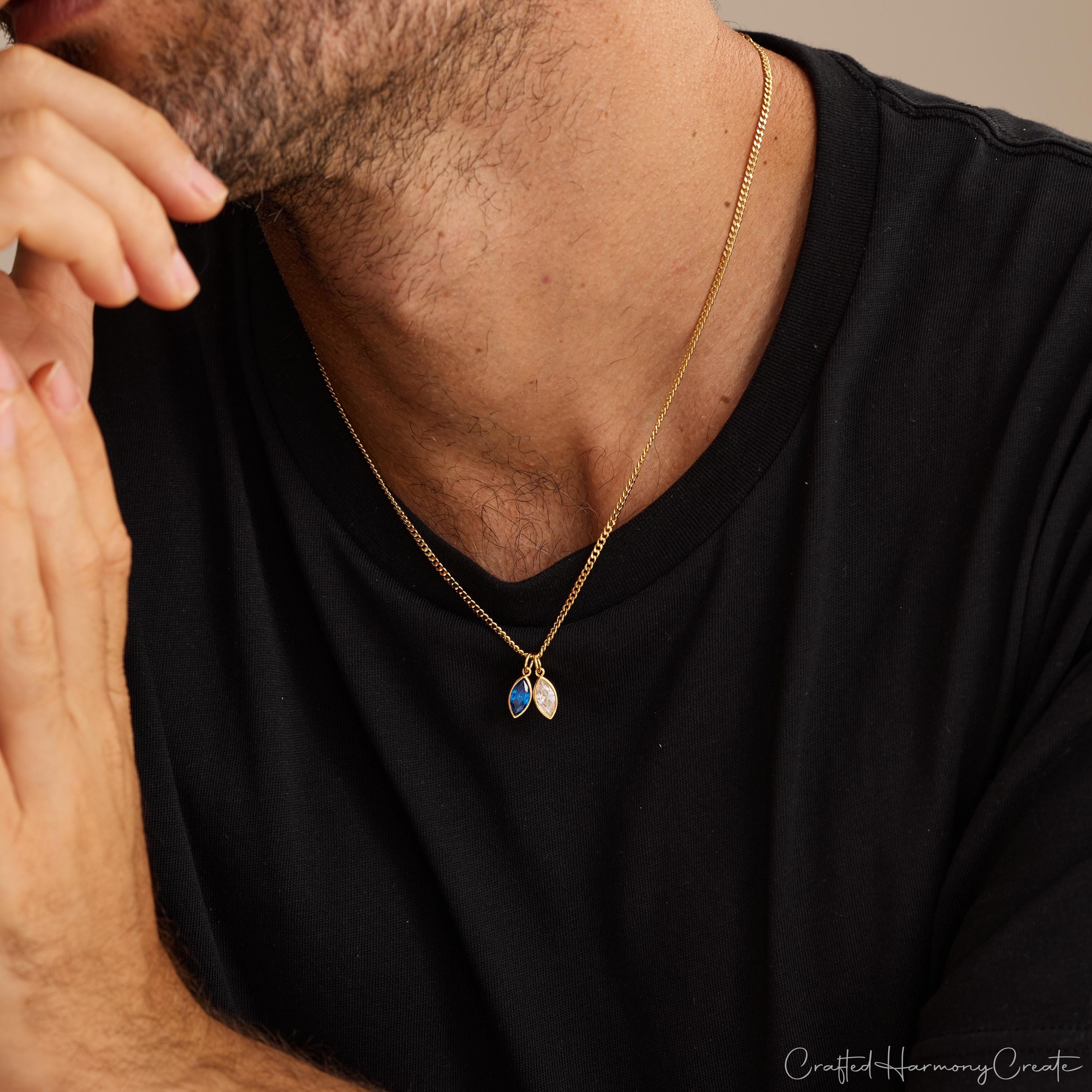 Custom Birthstone Necklace for Him with Leaf Pendant and Cubic Zirconia