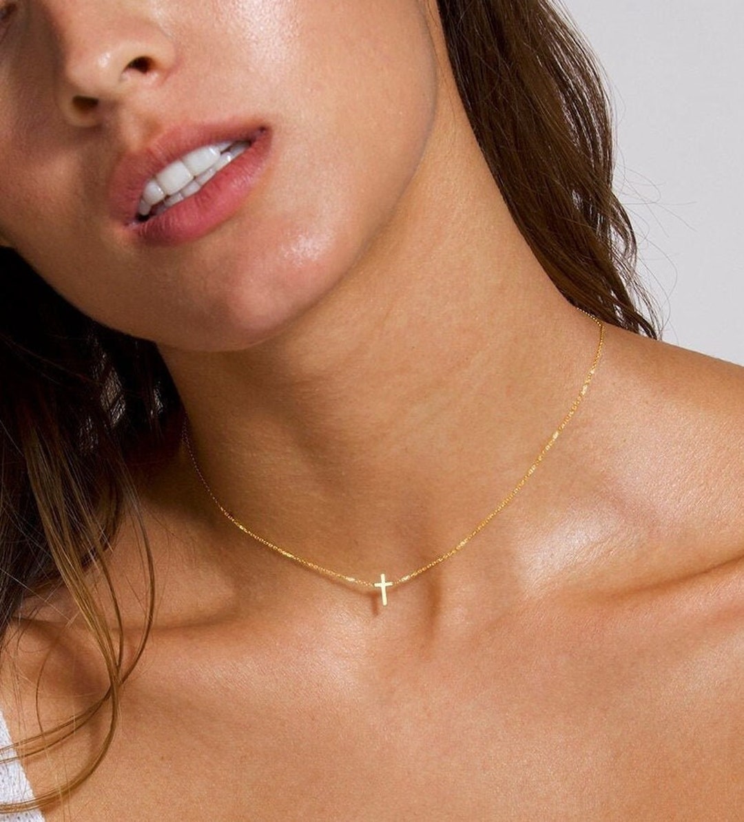 Dainty Cross 14K Solid Gold Choker Necklace