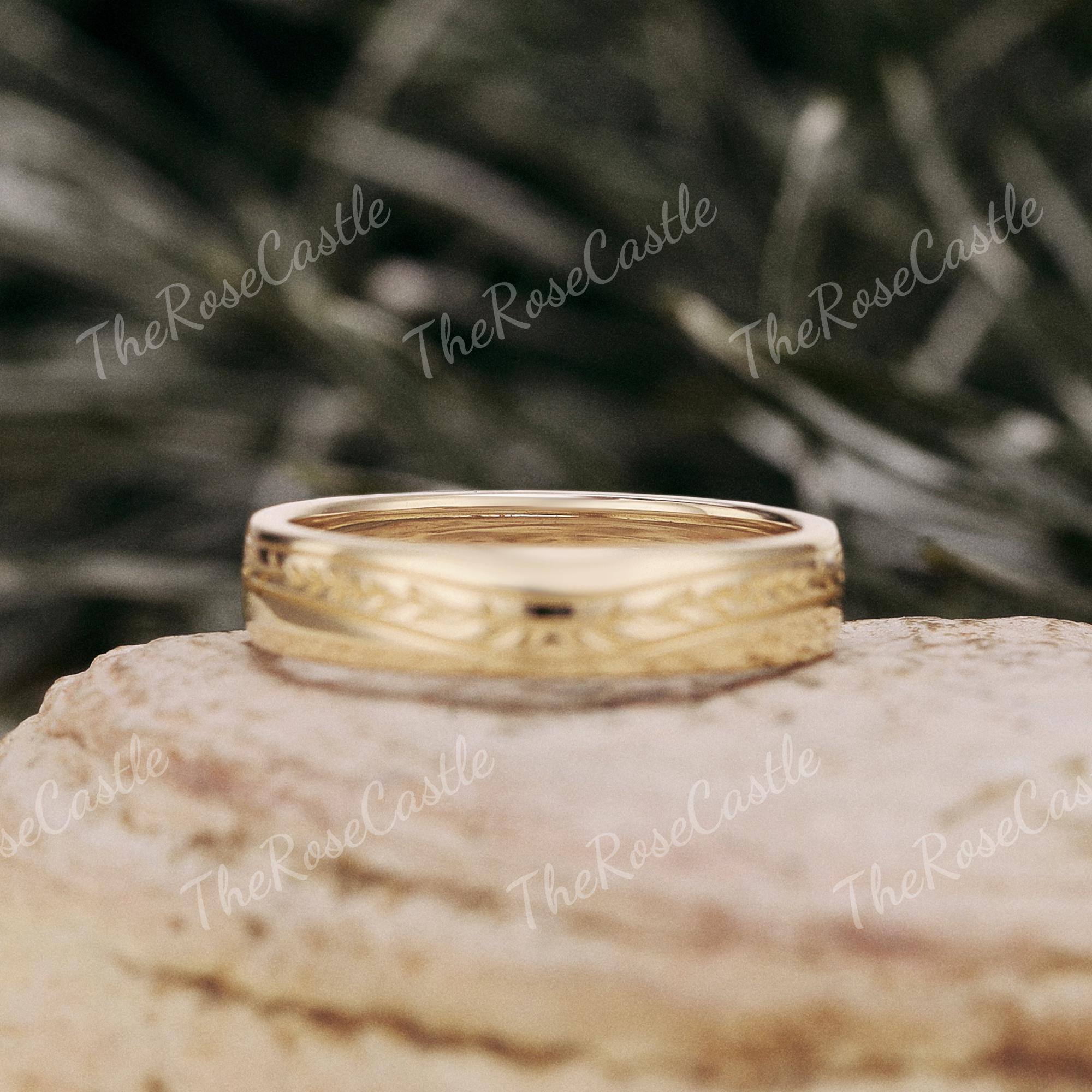 4.3mm Engraved Lavender Gold Wedding Band, Half Eternity Men's Ring