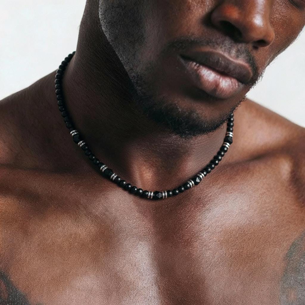 Black Onyx and Stainless Steel Beaded Necklace for Men