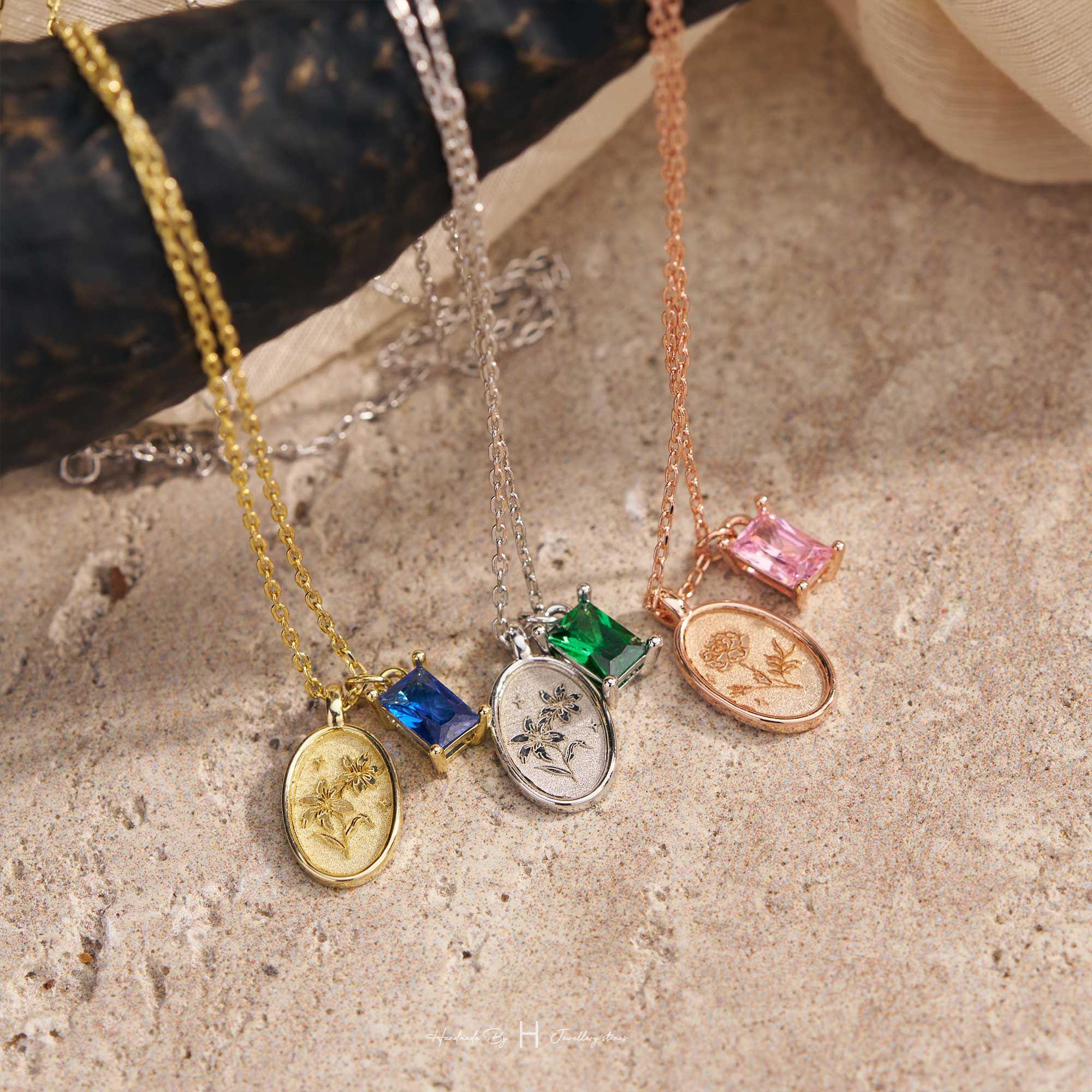 Engraved Birth Flower and Birthstone Necklace