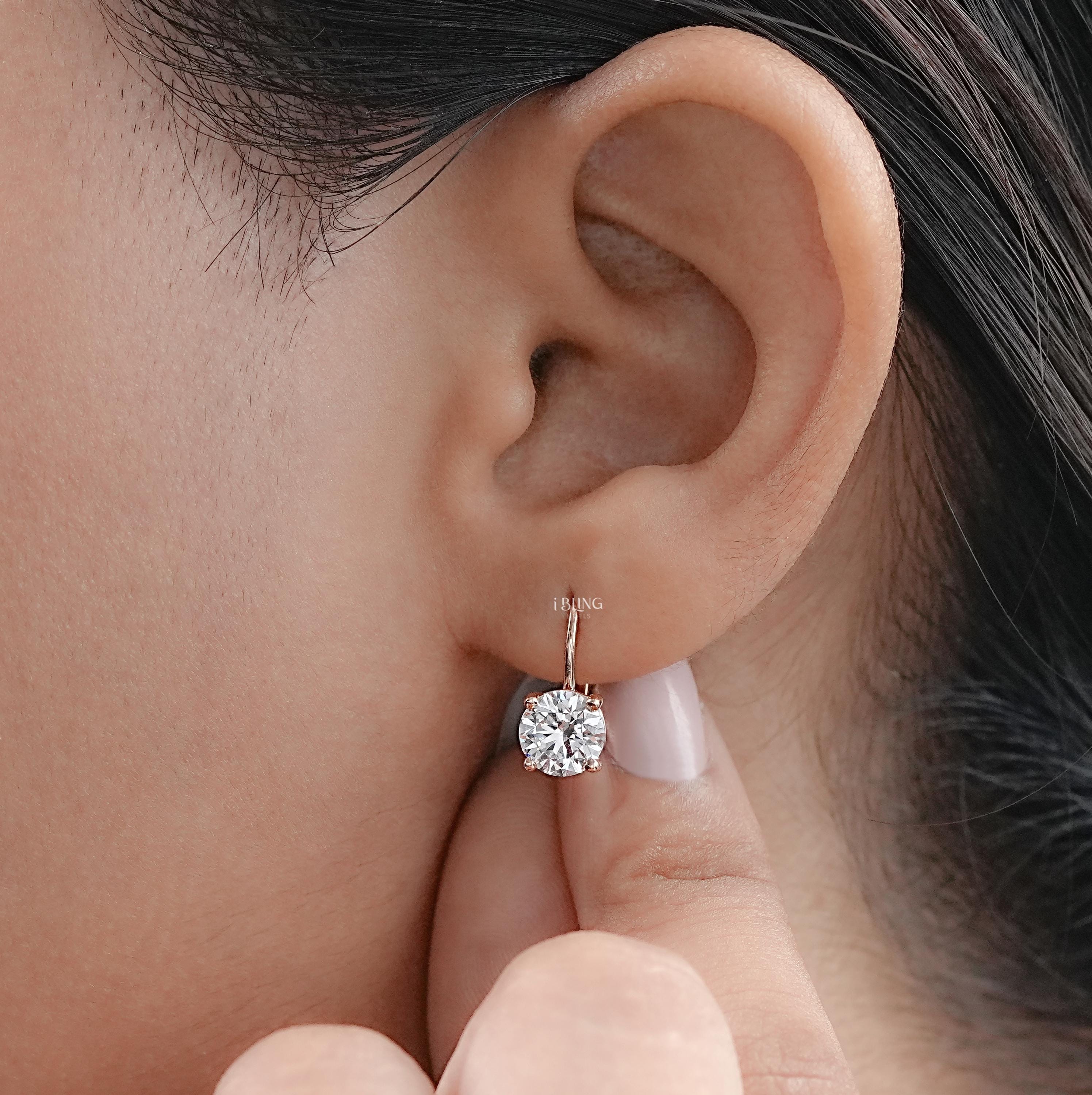 Round Cut Lab Diamond Drop Earrings in 14K Yellow Gold with Lever Backs