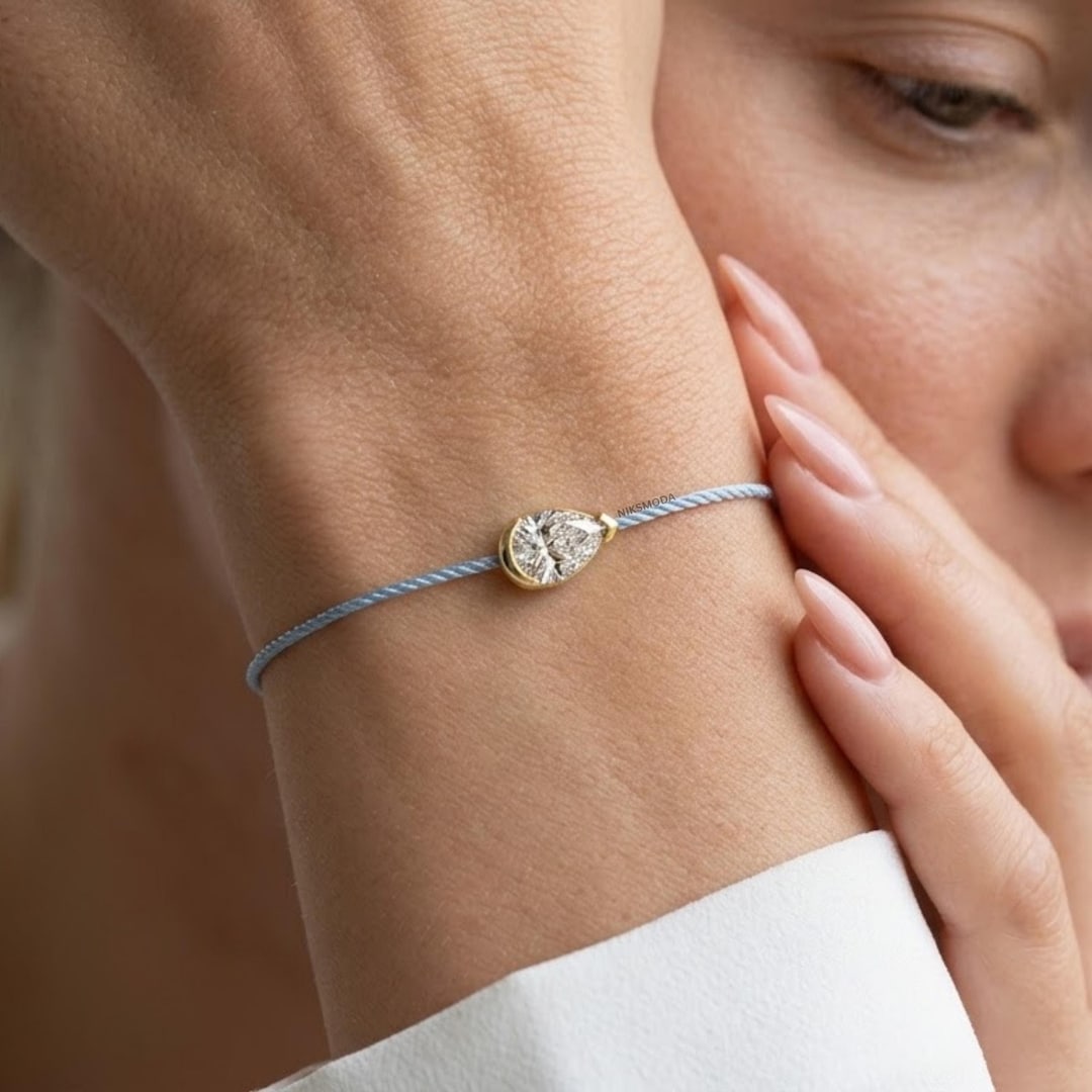 Pear Cut Lab Grown Diamond Bracelet in 925 Sterling Silver with Light Blue Cord