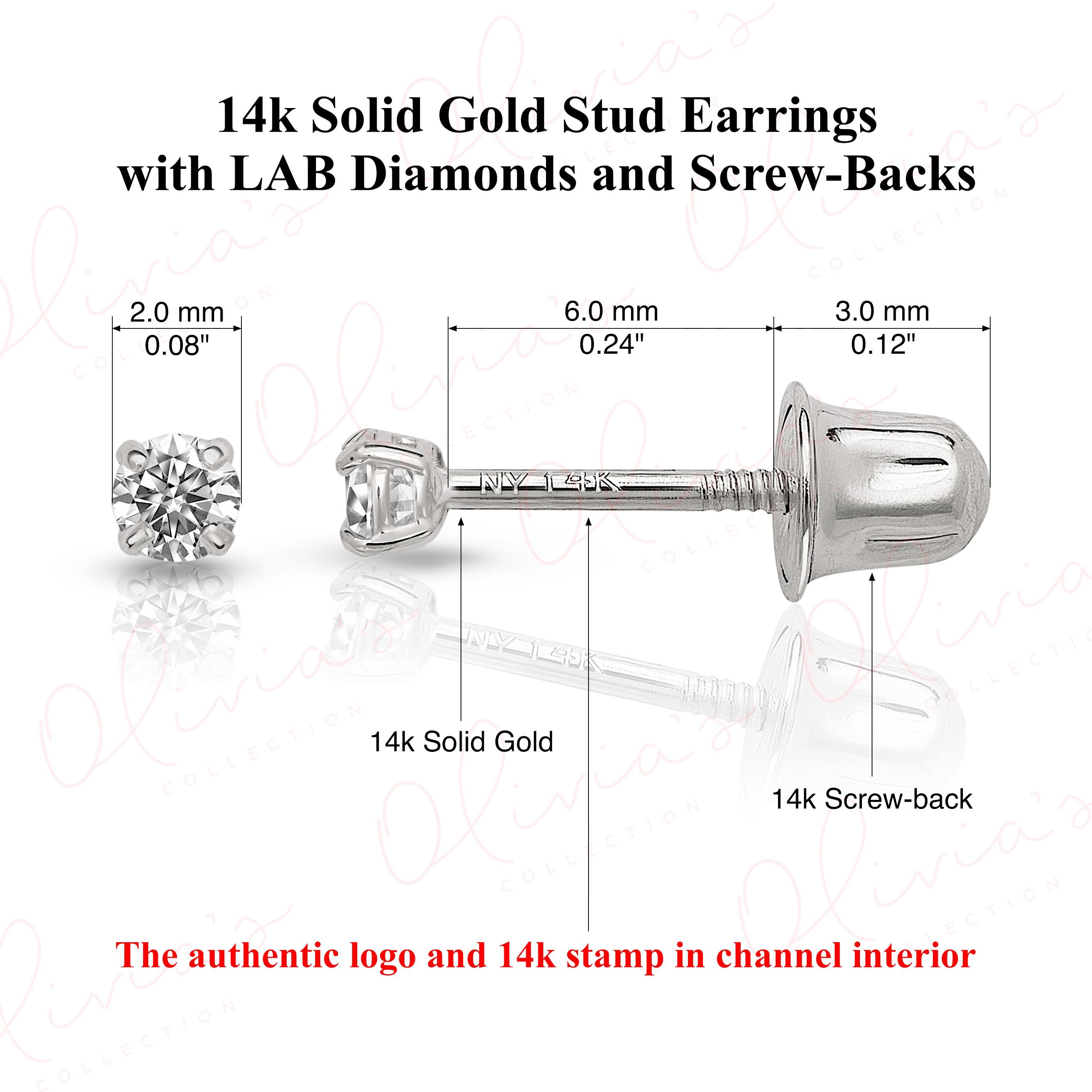 14K Solid Gold Lab-Grown Diamond Stud Earrings with Screw Backs, White or Yellow
