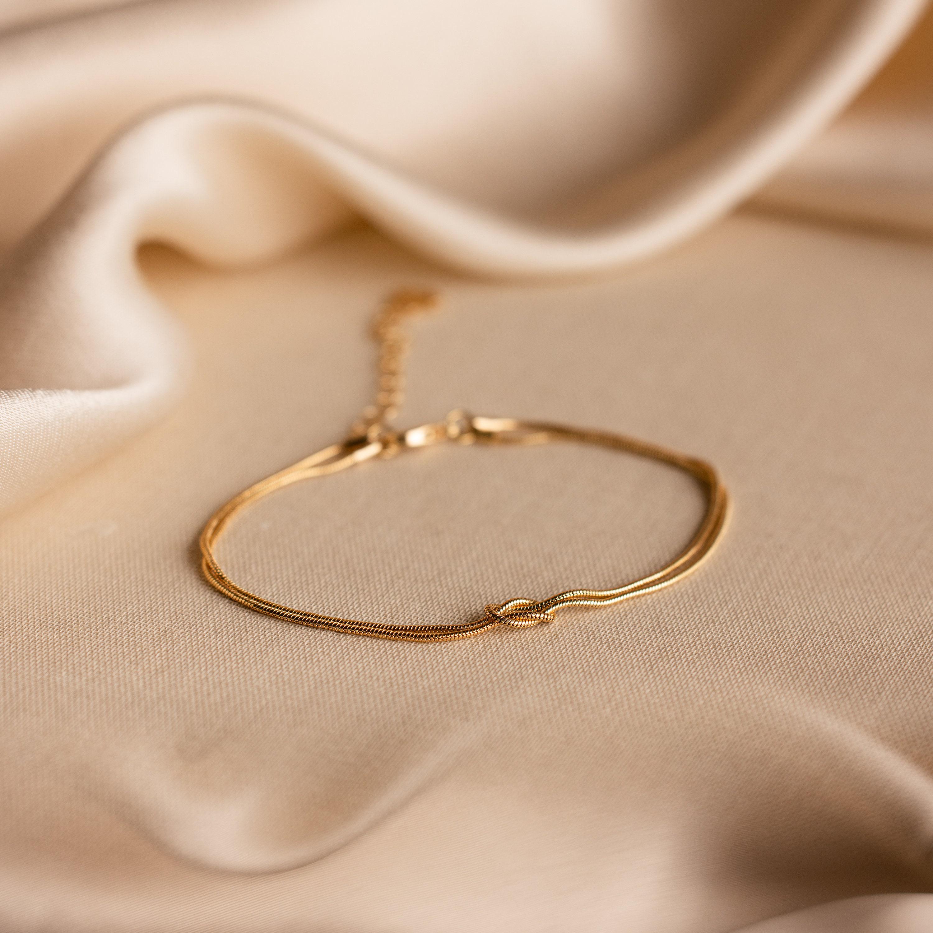 Double Snake Chain Love Knot Bracelet in 18K Gold Over Brass