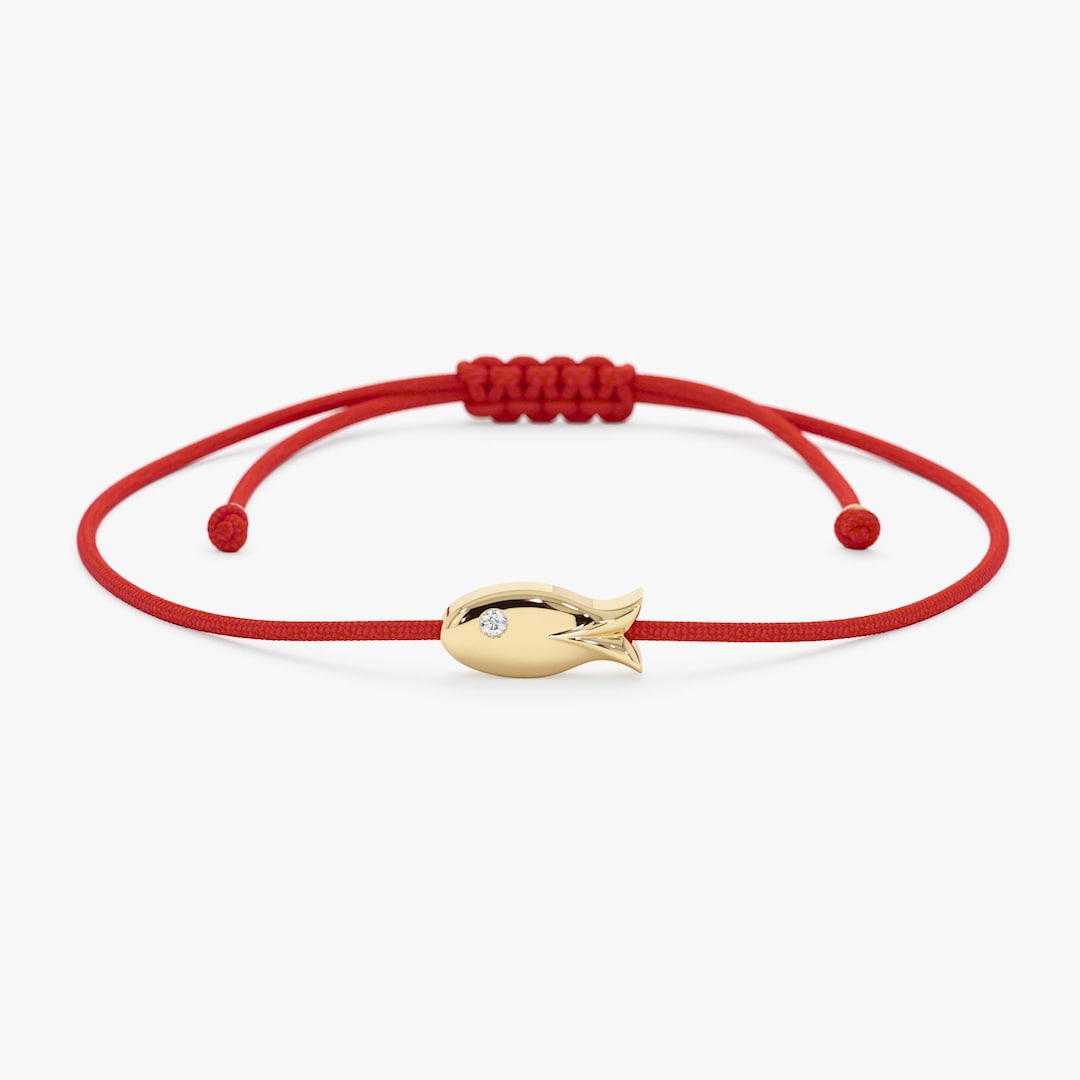 14K Solid Gold Fish Bracelet with Diamond Eye on Red Cord