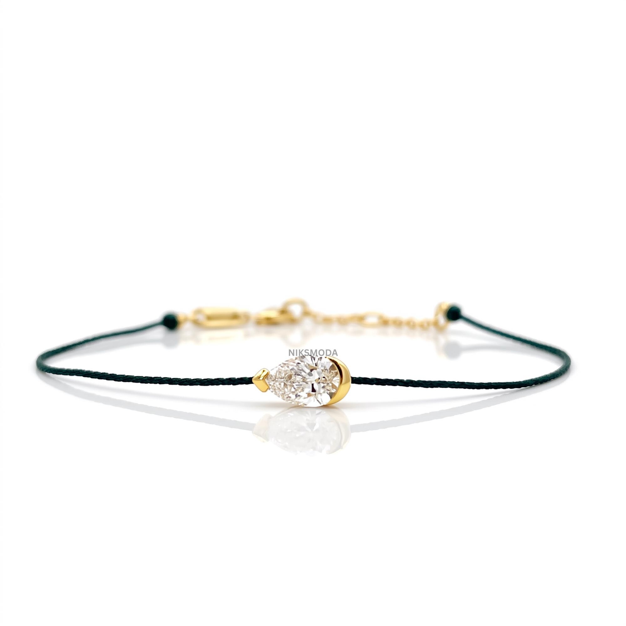 Pear Cut Lab Grown Diamond Bracelet in 925 Sterling Silver with Light Blue Cord