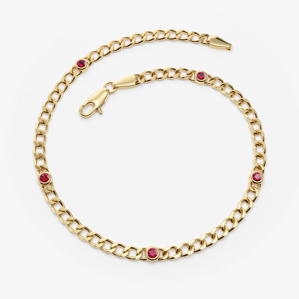 Ruby Bracelet, 14K Gold 3MM Miami Curb Link Chain with Bezel Set Ruby