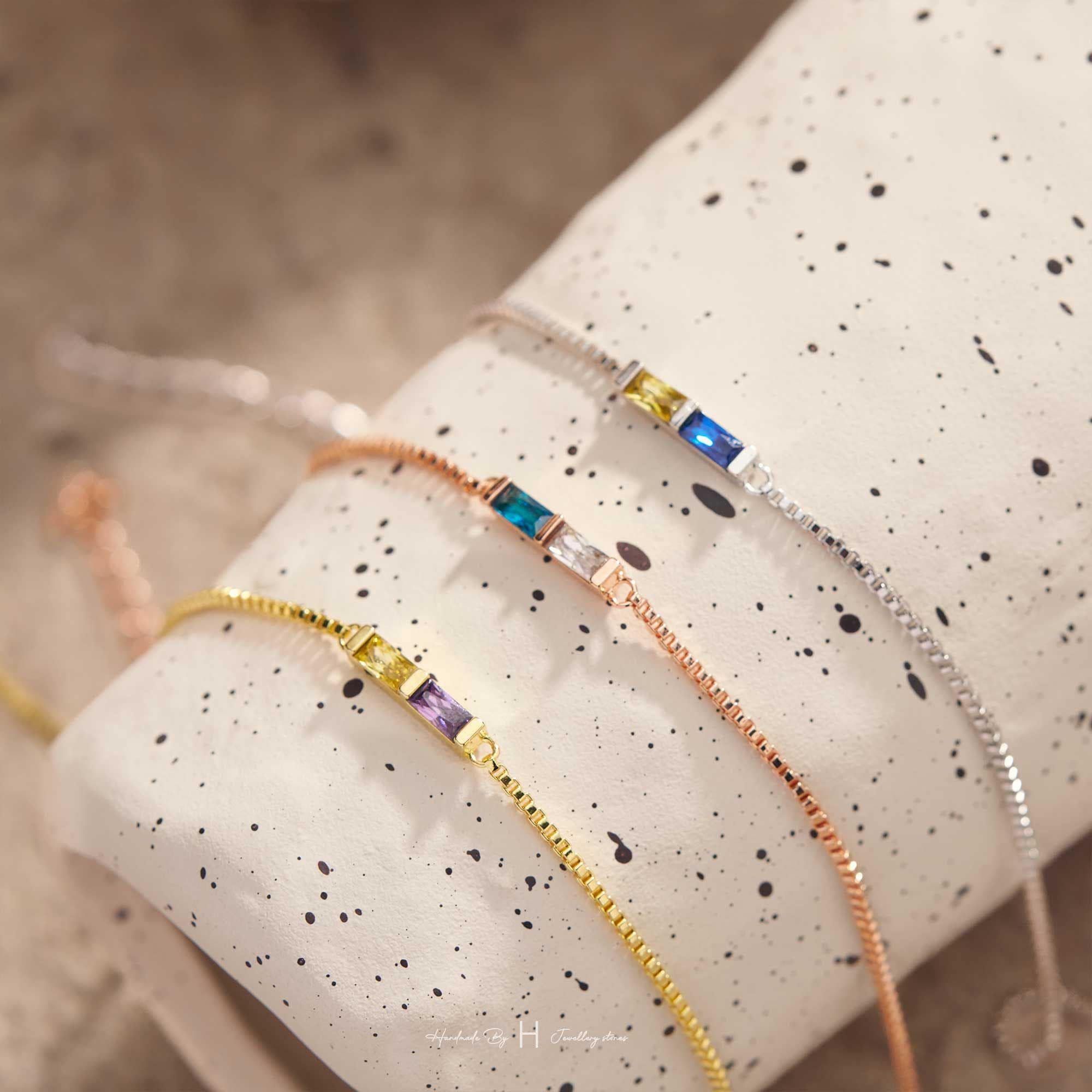 Custom Baguette Birthstone Bracelet in Rose Gold or Silver Plated Copper