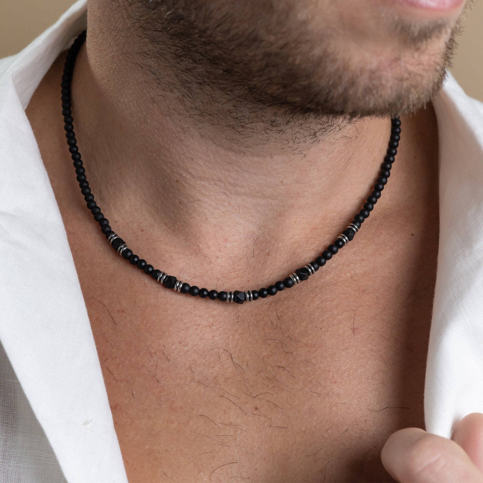 Black Onyx and Stainless Steel Beaded Necklace for Men