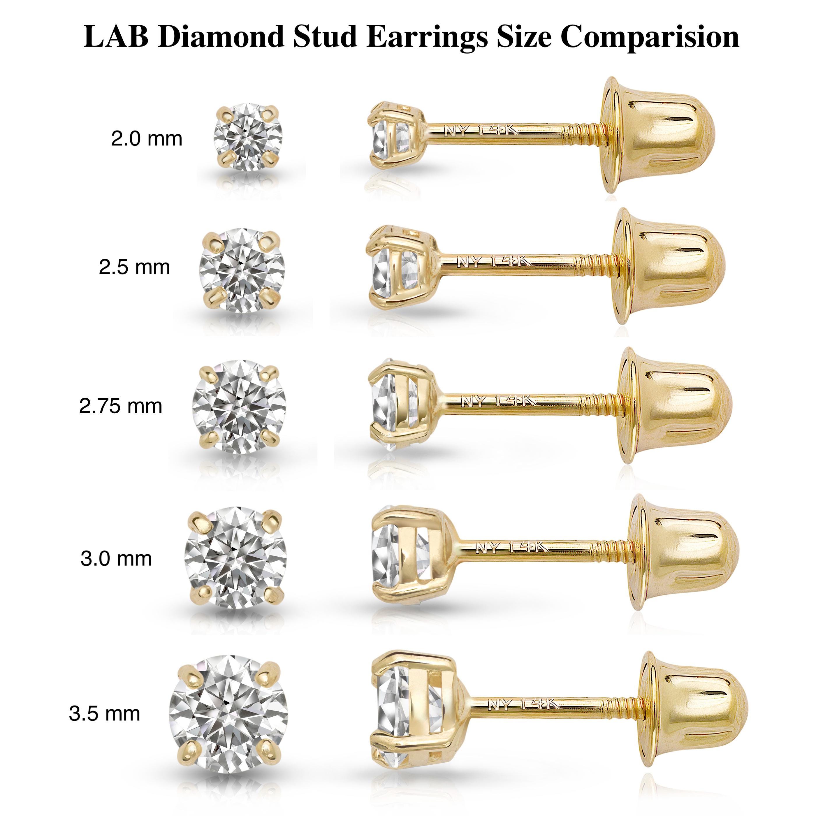 14K Solid Gold Lab-Grown Diamond Stud Earrings with Screw Backs, White or Yellow