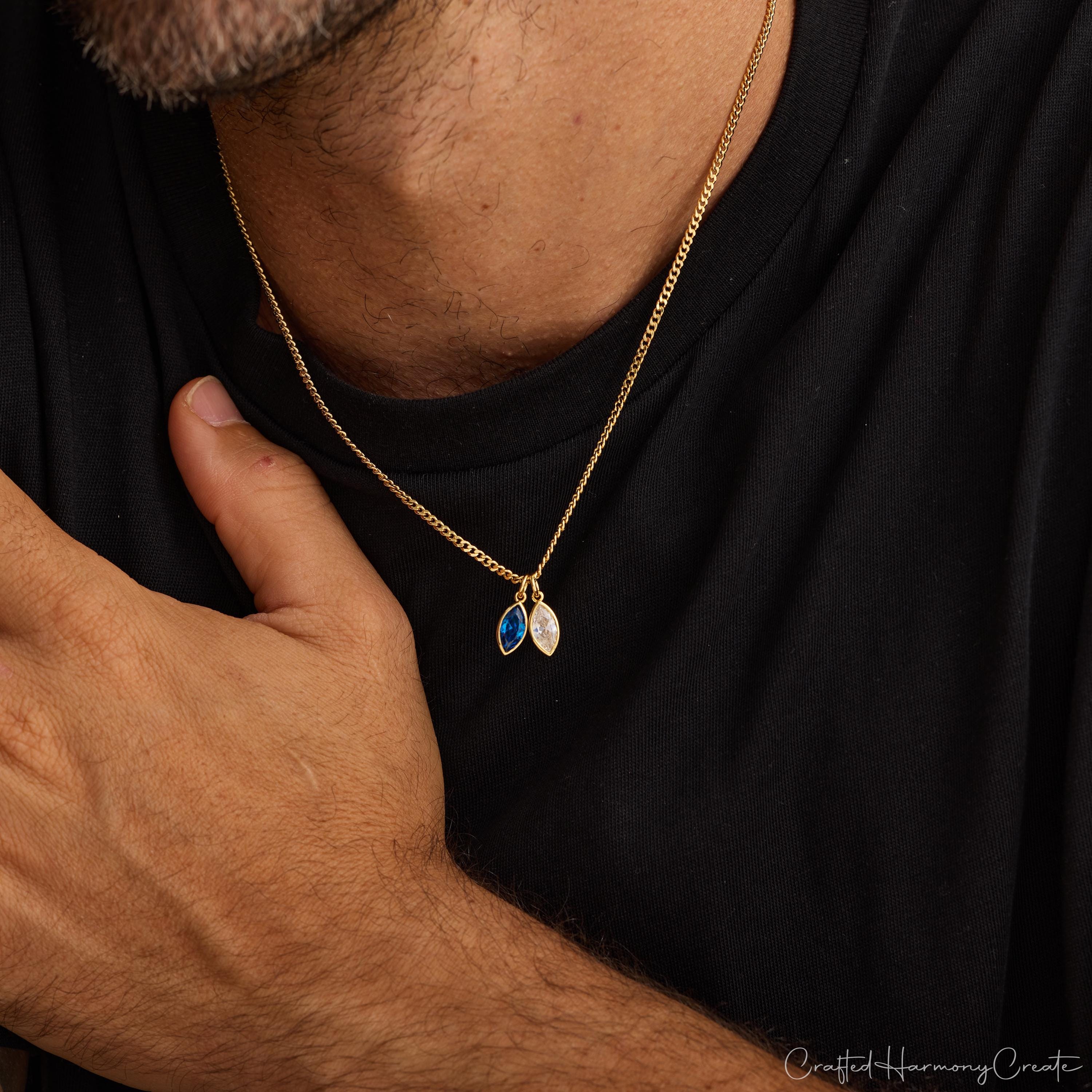 Custom Birthstone Necklace for Him with Leaf Pendant and Cubic Zirconia